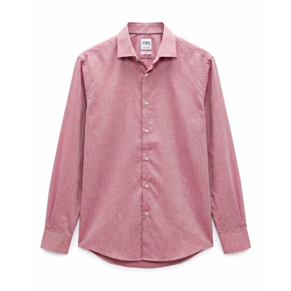 ZARA Men's Slim Fit Pink 100% Cotton Long Sleeve Point Collar M
